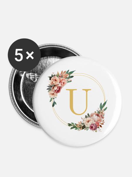 U Monogramm, Blumen-Kranz, personalisierbar - Buttons groß 56 mm (5er Pack) - Weiß