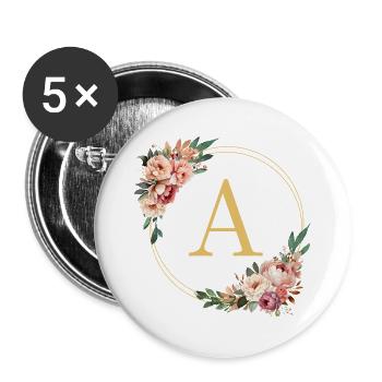 Un monogramme, couronne de fleurs, personnalisable - Lot de 5 grands badges (56 mm) - blanc - Devant