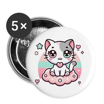Katze im Kawaii-Stil - Buttons groß 56 mm (5er Pack) - Weiß - Vorne