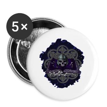 buchband aufgeschlagen, Menschenschädel, Ornamente - Buttons groß 56 mm (5er Pack) - Weiß - Vorne