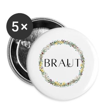 Team Braut ! Blumenkranz Personalisierbar - Buttons groß 56 mm (5er Pack) - Weiß - Vorne