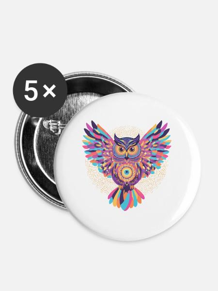Regenbogenmandala-Eule - Buttons groß 56 mm (5er Pack) - Weiß