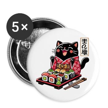 Sushi Chat Noir Kimono Maki Nigiri Cadeau - Lot de 5 grands badges (56 mm) - blanc - Devant