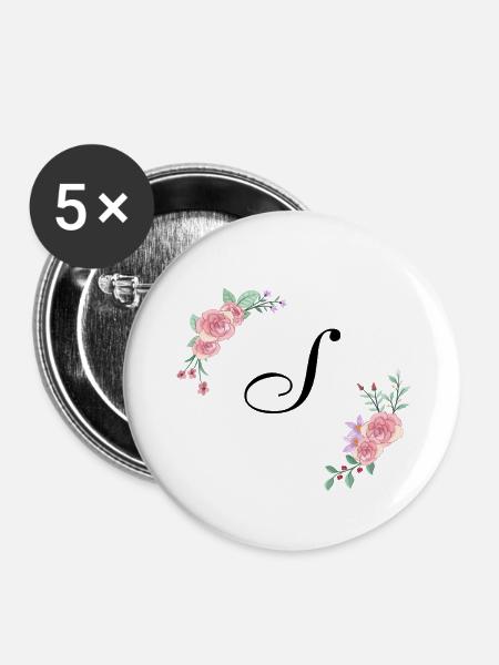 Rosa Blumenbuchstaben s - Buttons groß 56 mm (5er Pack) - Weiß