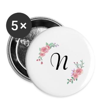 Rosa Blumenbuchstabe n - Buttons groß 56 mm (5er Pack) - Weiß - Vorne