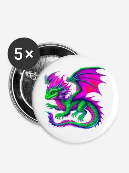 Drache - Buttons groß 56 mm (5er Pack) - Weiß