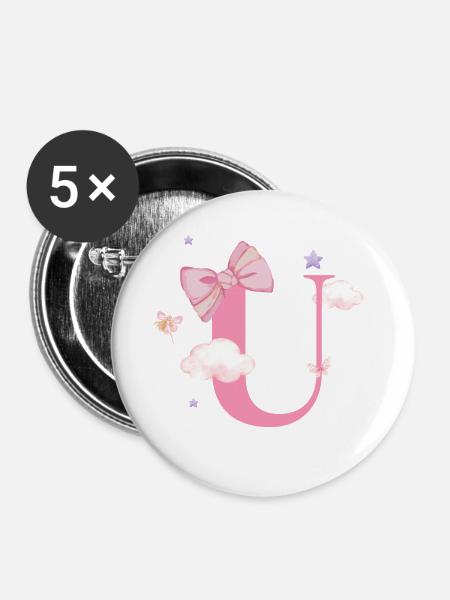Buchstabe u Rosa Wolken - Buttons groß 56 mm (5er Pack) - Weiß