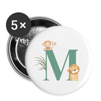 Lettre m vert animaux jungle - Lot de 5 grands badges (56 mm) - blanc - Devant
