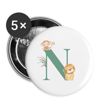 Lettre n vert animaux jungle - Lot de 5 grands badges (56 mm) - blanc - Devant