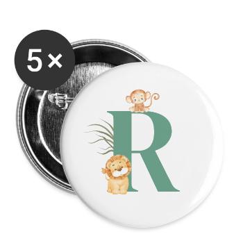 Lettre r vert animaux jungle - Lot de 5 grands badges (56 mm) - blanc - Devant