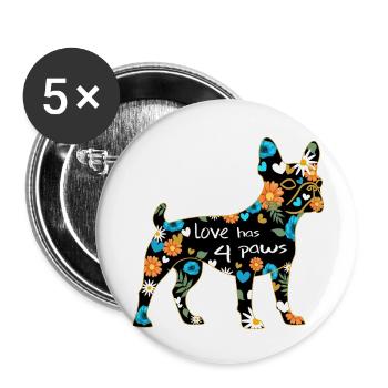 Boston Terrier Hund mit Blumen und Herzen - Buttons groß 56 mm (5er Pack) - Weiß - Vorne