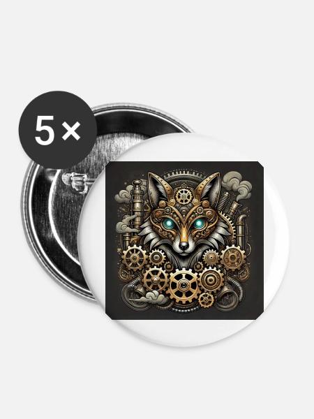 Steampunk Fox Sentinel - Buttons groß 56 mm (5er Pack) - Weiß