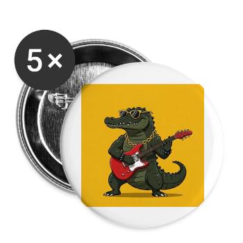 Cooles Krokodil mi E-Gitarre und Goldkette - Buttons groß 56 mm (5er Pack) - Weiß - Vorne