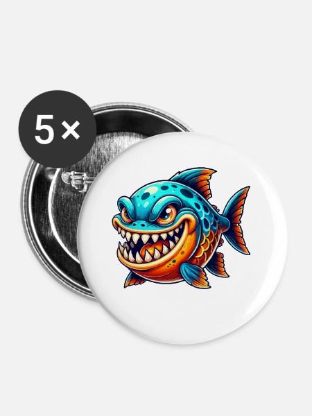 piranha comic fisch - Buttons groß 56 mm (5er Pack) - Weiß