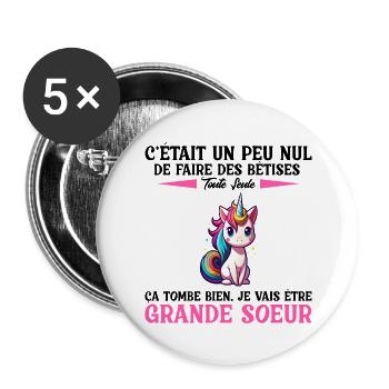 Enfant Future Grande Soeur Drôle Annonce Licorne - Lot de 5 grands badges (56 mm) - blanc - Devant