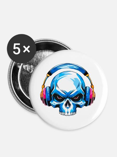 Skull mit kopfhörer - Buttons groß 56 mm (5er Pack) - Weiß