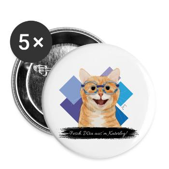 JvG Katze "Fesch. Wia aus´n Katerlog!" - Buttons groß 56 mm (5er Pack) - Weiß - Vorne