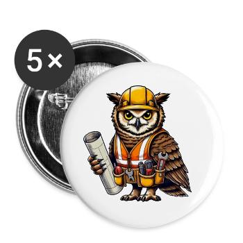 Bauarbeiter-Eule – Clever & Handwerklich! - Buttons groß 56 mm (5er Pack) - Weiß - Vorne