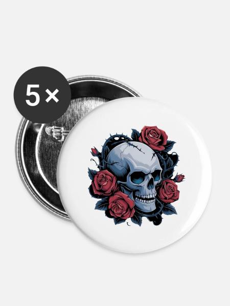 Totenkopf mit Rosenblüten - Buttons groß 56 mm (5er Pack) - Weiß