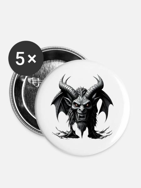 Furchterregender Dämon, Hörner & Fledermausflügel - Buttons groß 56 mm (5er Pack) - Weiß
