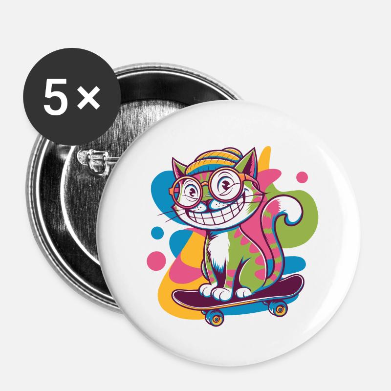 Funky Skater Cat - Buttons large 2.2''/56 mm (5-pack) - white