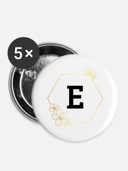 Buchstabe e Goldener Blumenrahmen - Buttons groß 56 mm (5er Pack) - Weiß