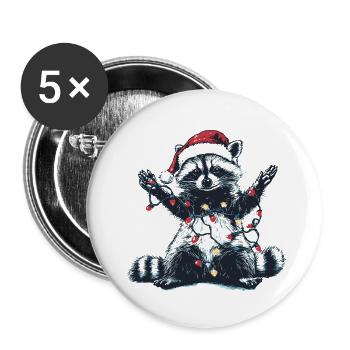 Waschbär mit Weihnachtsmütze und Lichterkette - Buttons groß 56 mm (5er Pack) - Weiß - Vorne