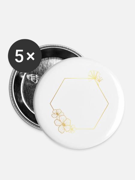 Buchstabe m Goldener Blumenrahmen - Buttons groß 56 mm (5er Pack) - Weiß