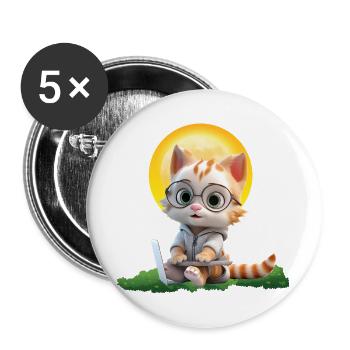Smart Cat Sun Coder: Kätzchen Laptop Kunstdruck - Buttons groß 56 mm (5er Pack) - Weiß - Vorne