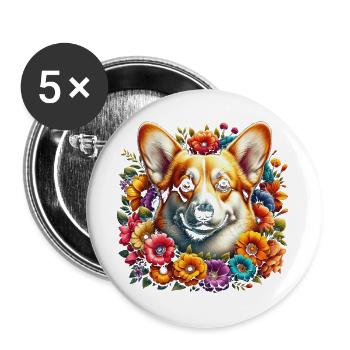 Welsh Corgi in Colorful Flowers - Buttons large 2.2''/56 mm (5-pack) - white - Front