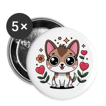 Kawaii Anime – Süßes Manga Design Teddy Katze Hund - Buttons groß 56 mm (5er Pack) - Weiß - Vorne