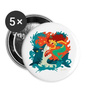 Mermaid versus Shark - Buttons large 2.2''/56 mm (5-pack) - white - Front