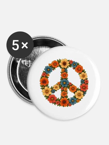 Blumiges Peace Symbol - Buttons groß 56 mm (5er Pack) - Weiß