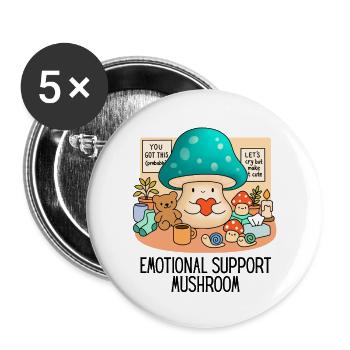 Champignon de soutien émotionnel Champignon de thérapie mignon - Lot de 5 grands badges (56 mm) - blanc - Devant