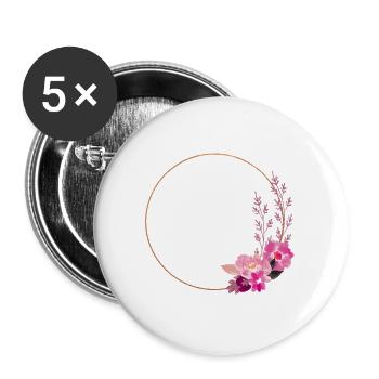 Cadre doré avec des fleurs rose-rouge – noble et ludique - Lot de 5 grands badges (56 mm) - blanc - Devant