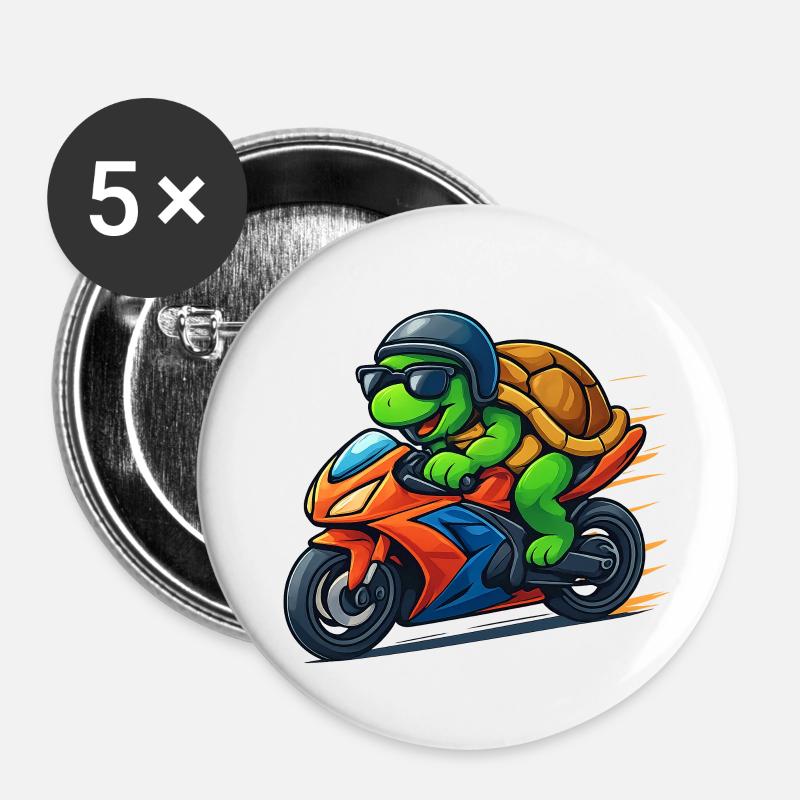 Schildkröte Biker - Buttons groß 56 mm (5er Pack) - Weiß