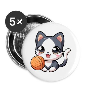 Black and white kawaii kitten with skein - Buttons large 2.2''/56 mm (5-pack) - white - Front