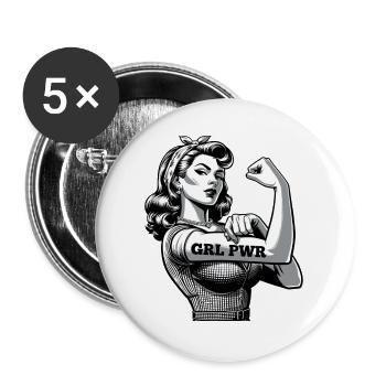 Strong Woman GRL PWR Rockabilly Biceps Arm Gift - Buttons large 2.2''/56 mm (5-pack) - white - Front
