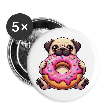 Cute Pug with Donut Funny Cartoon Dogs - Buttons large 2.2''/56 mm (5-pack) - white - Front