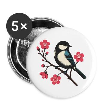 Kirschblüte mit Vogel - Frühlingsruhe Naturmotiv - Buttons groß 56 mm (5er Pack) - Weiß - Vorne