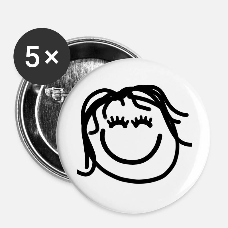 Happy face with long hair - Buttons large 2.2''/56 mm (5-pack) - white