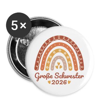 Große Schwester 2026 Regenbogen - Buttons groß 56 mm (5er Pack) - Weiß - Vorne