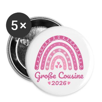Große Cousine 2026 Regenbogen - Buttons groß 56 mm (5er Pack) - Weiß - Vorne