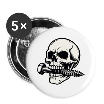Totenkopf mit Doppelschrauben - Buttons groß 56 mm (5er Pack) - Weiß - Vorne