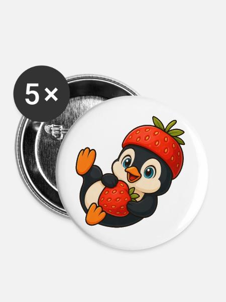 Niedlicher Pinguin mit fruchtiger Erbeer-Mütze - Buttons groß 56 mm (5er Pack) - Weiß