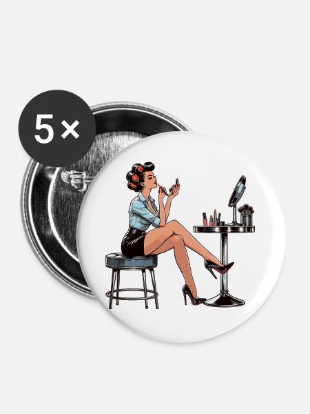 Frau Rockabilly Schminke schminken Retro Geschenk - Buttons groß 56 mm (5er Pack) - Weiß