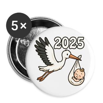 Cigogne avec enfant trouvé dans son bec 2025 - Lot de 5 grands badges (56 mm) - blanc - Devant