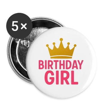 Couronne de fille d’anniversaire | Motif de princesse rose doré - Lot de 5 grands badges (56 mm) - blanc - Devant