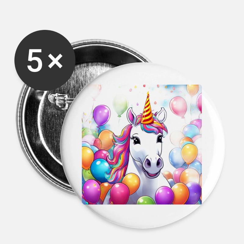 Magisches Einhorn Geburtstagsfeier mit Ballons - Buttons groß 56 mm (5er Pack) - Weiß