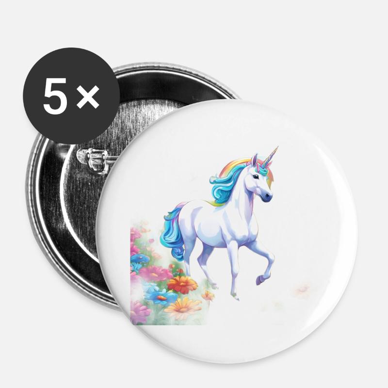 Anmutiges Einhorn mit Regenbogenmähne im Blütenmee - Buttons groß 56 mm (5er Pack) - Weiß